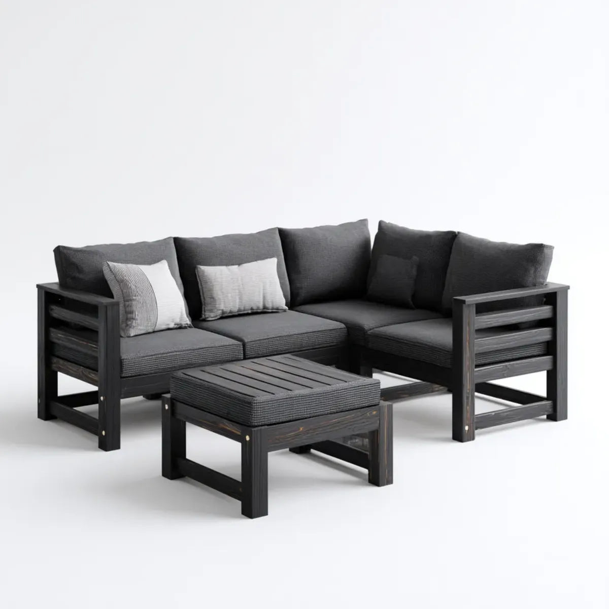 Sofa ogrodowa, Zestaw czarny ogród narożnik sofa 180 x 180 x 75 cm w litym drewnie z poduszkami poliestrowymi i prostokątnym ottoman