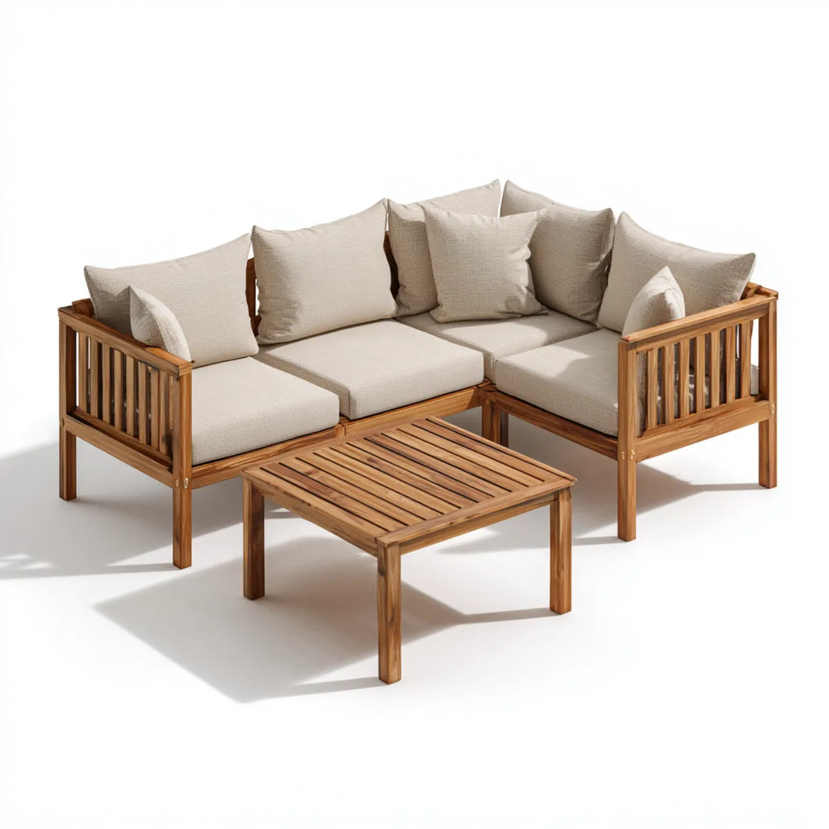Sofa ogrodowa, Zestaw kątowej sofy ogrodowej 3 beżowe fotele w litym drewnie z prostokątnym stołem 190 x 190 x 75 cm