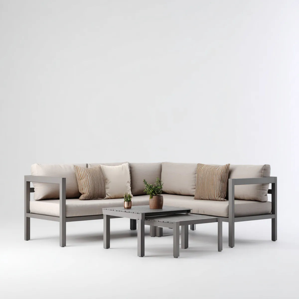 Sofa ogrodowa, Zestaw sofa ogrodowa 3 fotele z 2 stołami szary antracyt i beżowy aluminium 210 x 80 x 65 cm