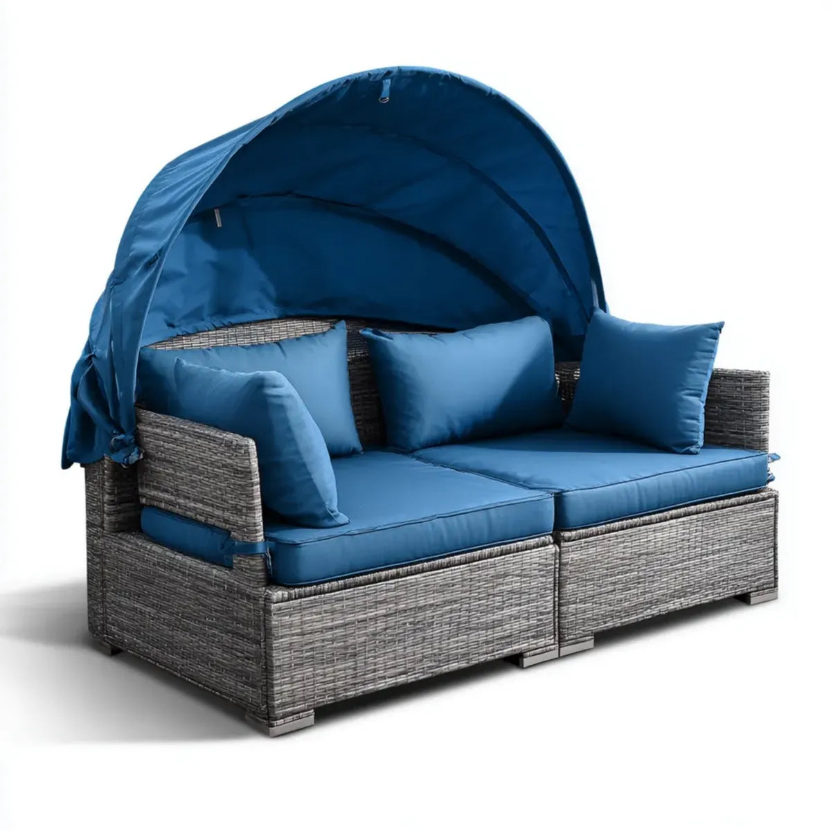 Sofa ogrodowa, Podwójna sofa ogrodowa z niebieskim i szarym rattanem PE 200 x 120 x 165 cm