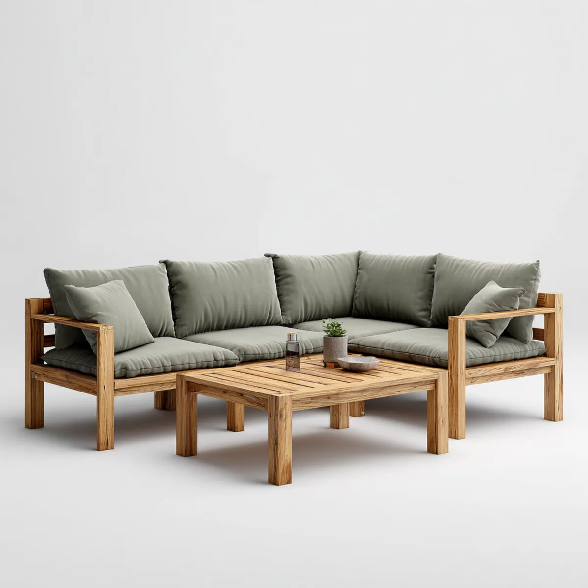 Sofa ogrodowa, Zestaw kątowej sofy ogrodowej szarej i akacjowej z prostokątnym stołem 220 x 220 x 75 cm