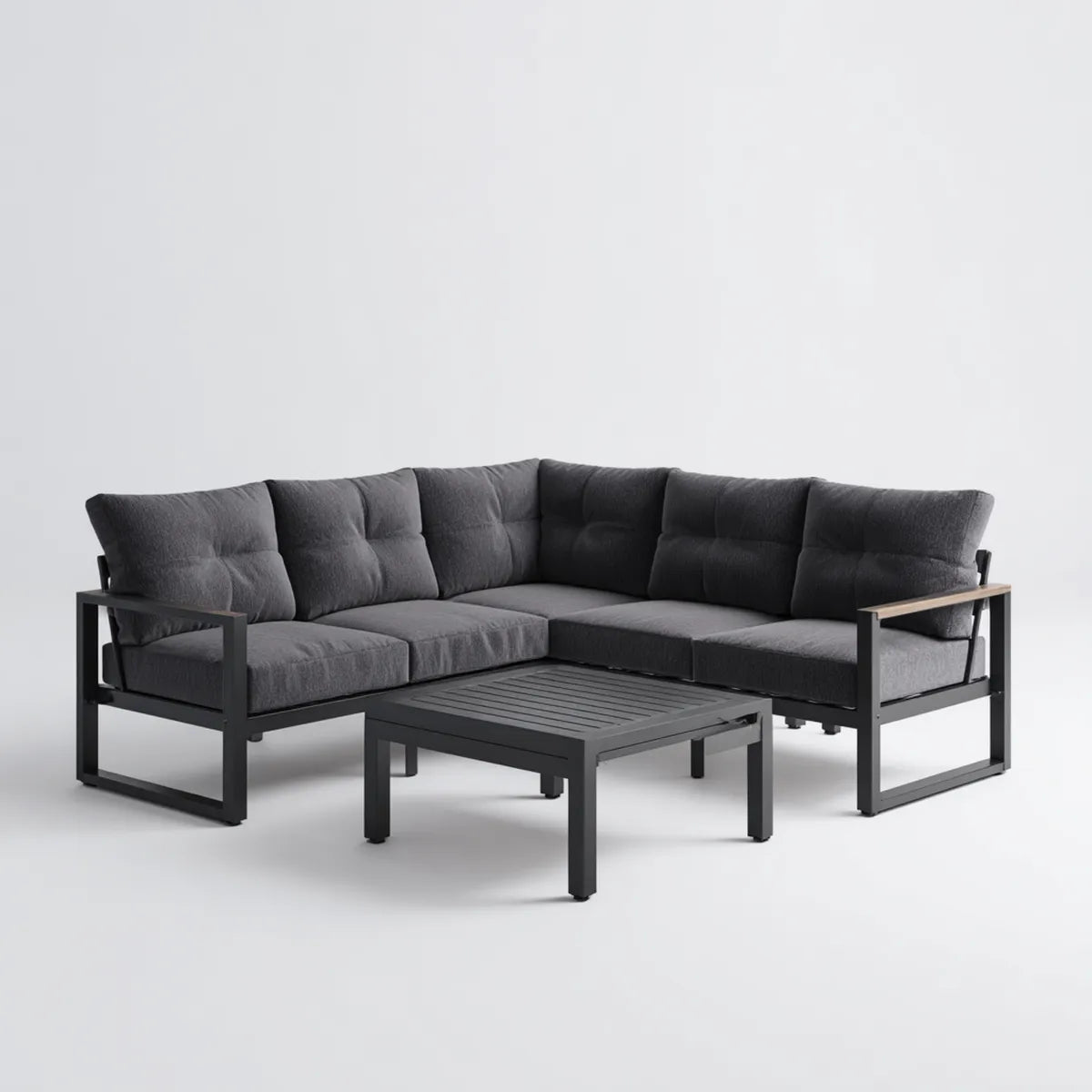 Sofa ogrodowa, Zestaw kanapa narożna ogrodowa 5 foteli z szarym stołem antracytu 250 x 250 cm w stali pokrytej proszkiem w kształcie litery L