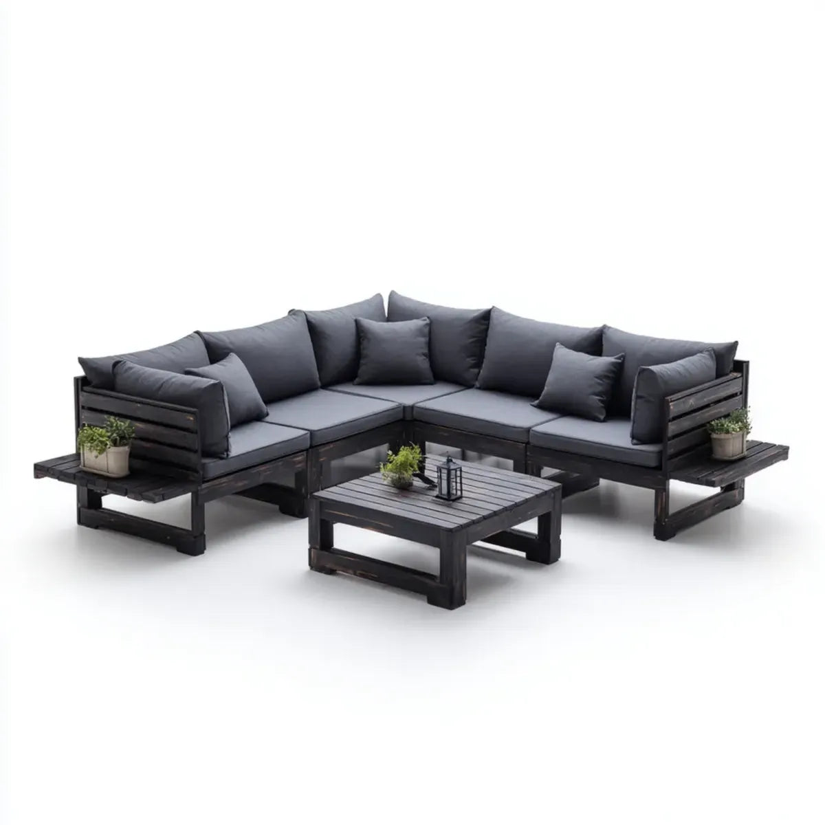 Sofa ogrodowa, Zestaw narożnik ogrodowy 5 foteli czarny i szary antracyt w litym drewnie z tabeli 240 x 240 cm