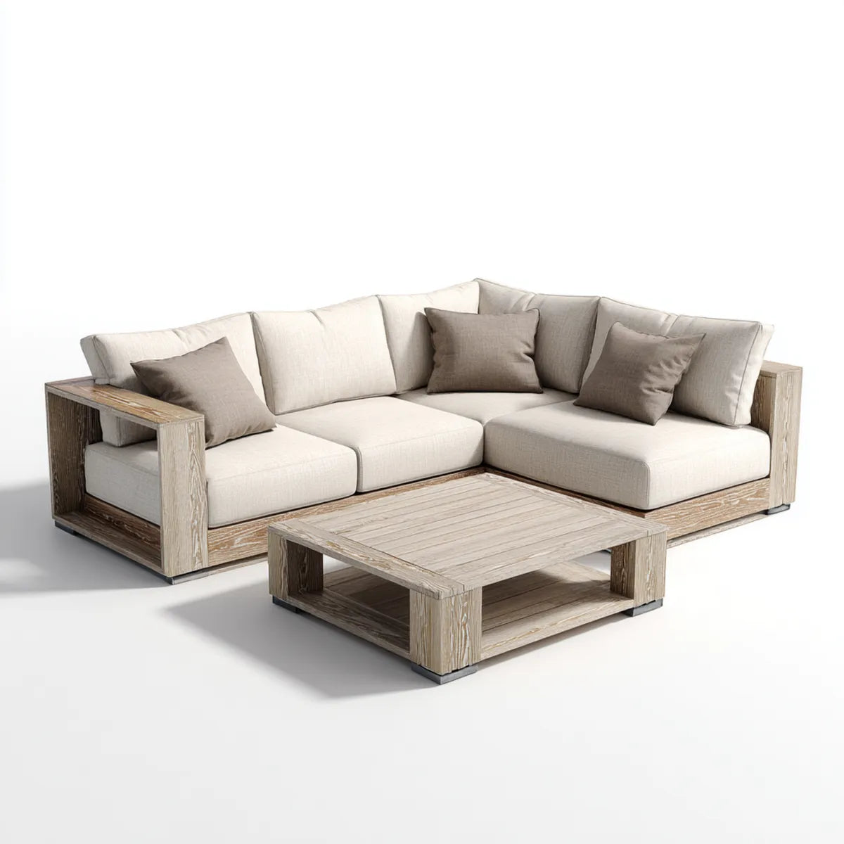 Sofa ogrodowa, Zestaw kanapy ogrodowej z beżowym stołem 280 x 220 cm w litym drewnie z akacji do L