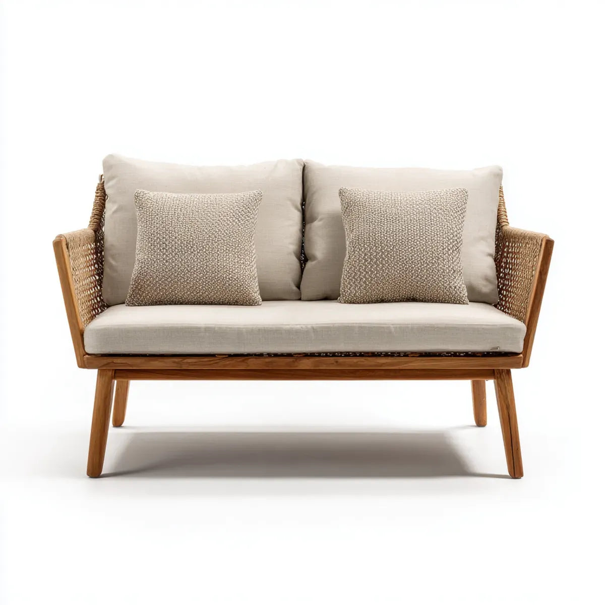 Sofa ogrodowa, 2-osobowy taras sofa Beżżowa 140 x 75 x 78 cm teak PE lina warkocz prostokątna