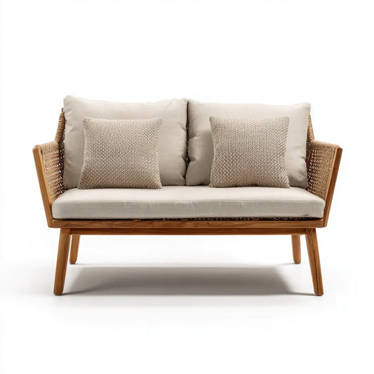Sofa ogrodowa, 2-osobowy taras sofa Beżżowa 140 x 75 x 78 cm teak PE lina warkocz prostokątna