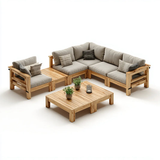 Sofa ogrodowa, Loungeset taras 5-osobowa naturalny szary z litego drewna akacjowego w kształcie litery 258 x 258 cm