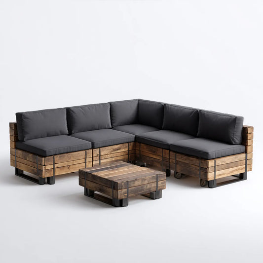 Sofa ogrodowa, Zestaw narożnych sof ogrodowych 4 brązowe i antracytowe szare miejsca w litym drewnie sosnowym z tabeli 220 x 220 cm