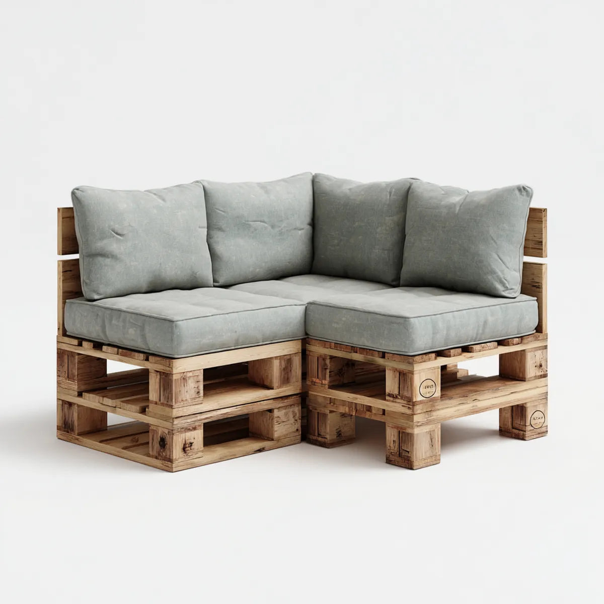 Sofa ogrodowa, Rożna sofa ogrodowa 2 miejsca szare w litym drewnie sosnowym z poduszkami 120 x 120 x 80 cm