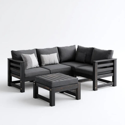 Sofa ogrodowa, Zestaw czarny ogród narożnik sofa 180 x 180 x 75 cm w litym drewnie z poduszkami poliestrowymi i prostokątnym ottoman