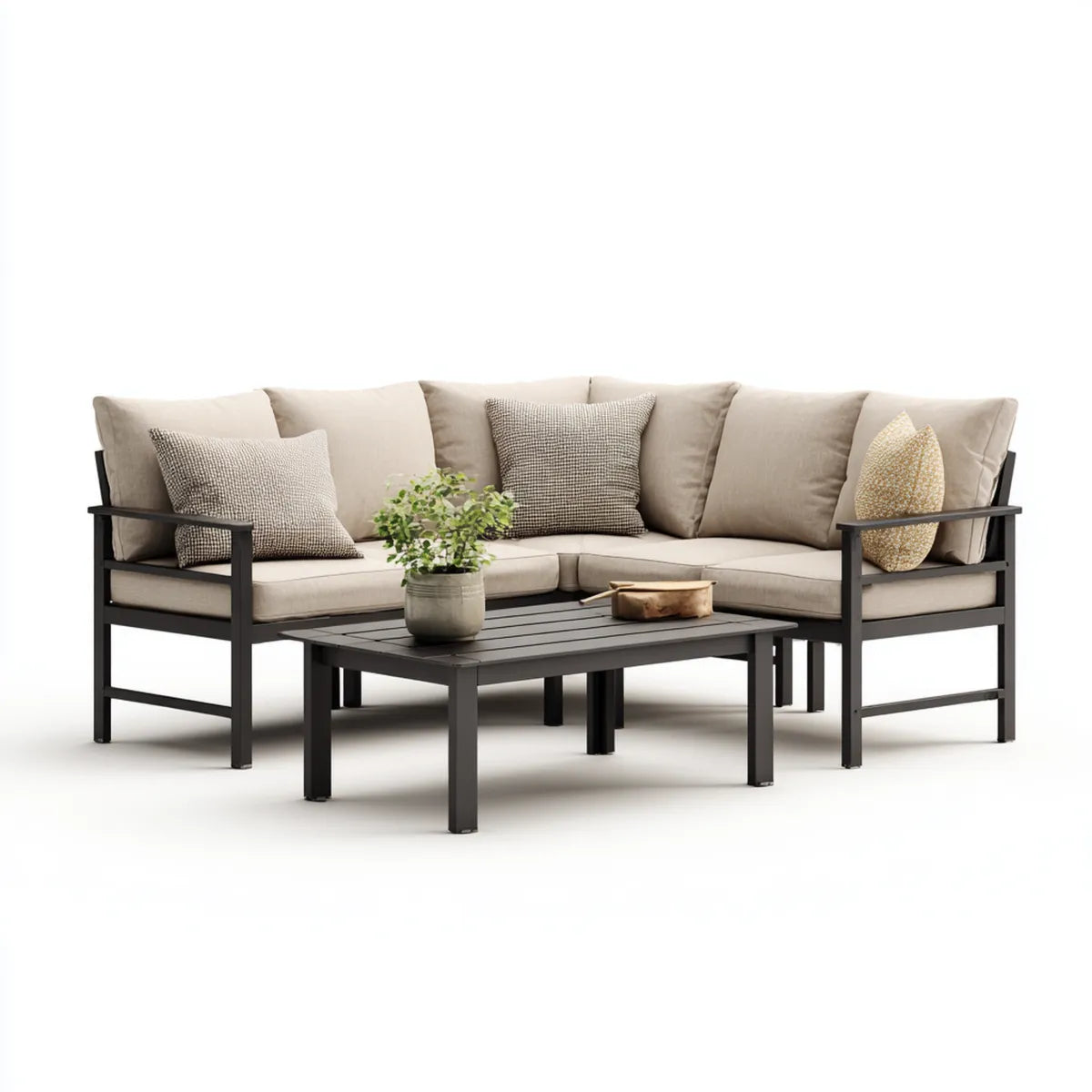 Sofa ogrodowa, Zestaw narożnik ogrodowy sofa 4 beżowe fotele ze stalowym stołem 210 x 210 x 68 cm