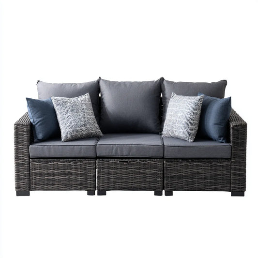 Sofa ogrodowa, Ogrodowa sofa 3 miejsca szary antracyt w syntetycznym rattan PE prostokątna 240 x 75 cm, 240 x 75 x 78 cm
