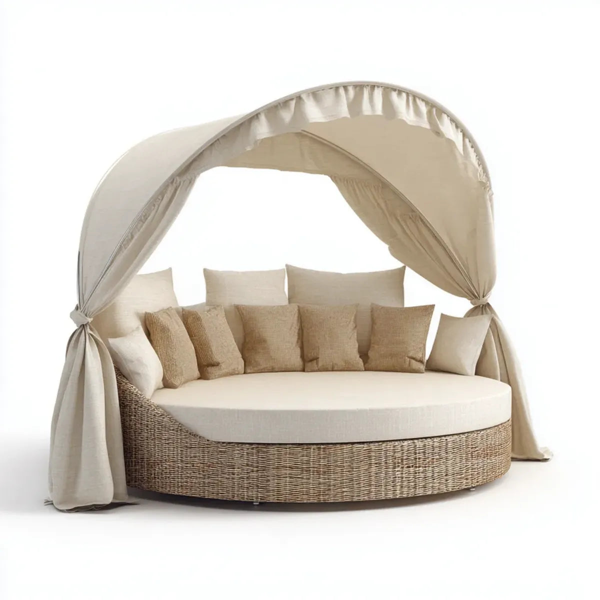 Sofa ogrodowa, beżowa okrągła sofa ogrodowa 220 x 220 x 200 cm w tkaninach polietylenowych i poliestrowych z baldachimem