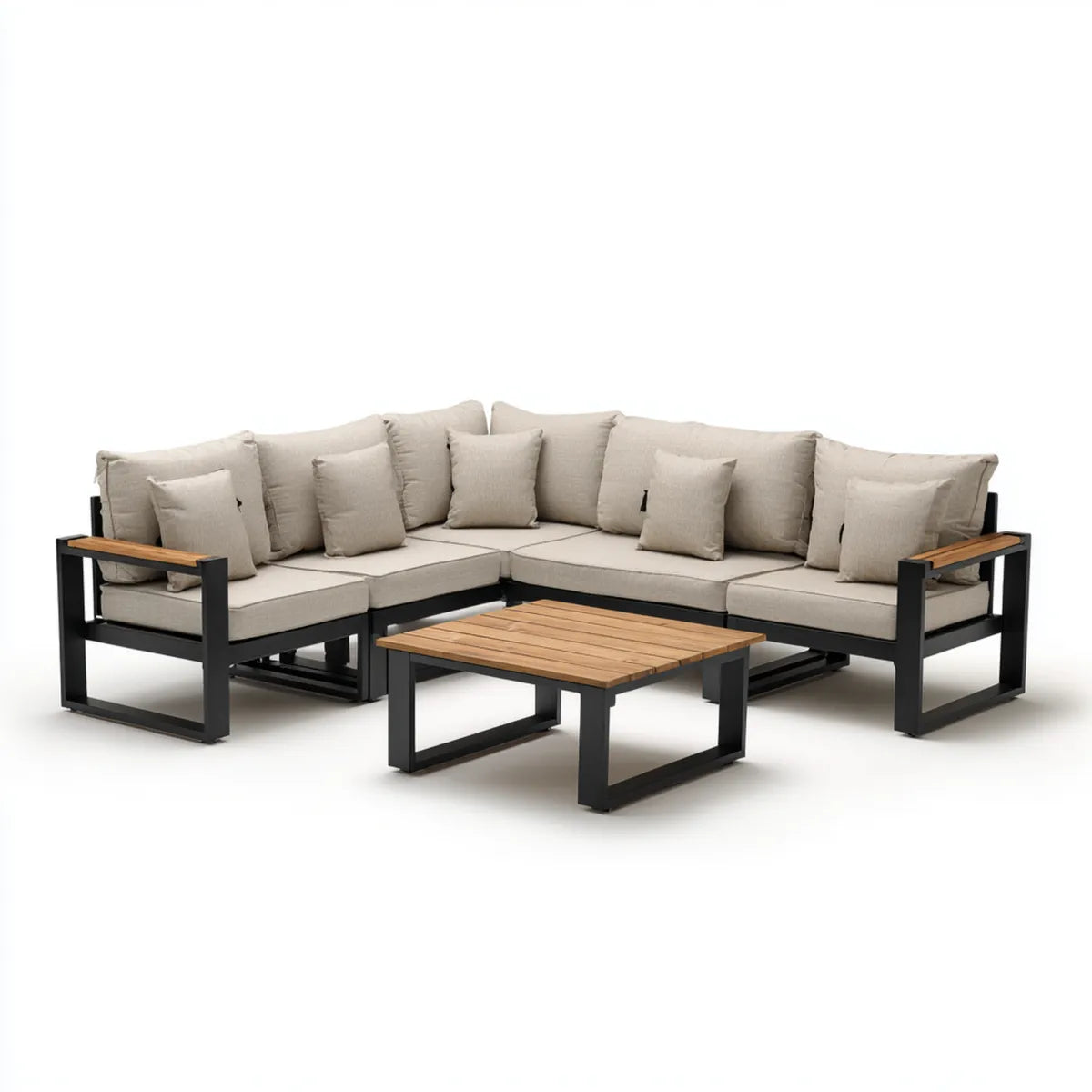Sofa ogrodowa, Zestaw beżowych i czarnych kanapek ogrodowych z aluminiowym stołem i drewna acacia 240 x 240 x 68 cm