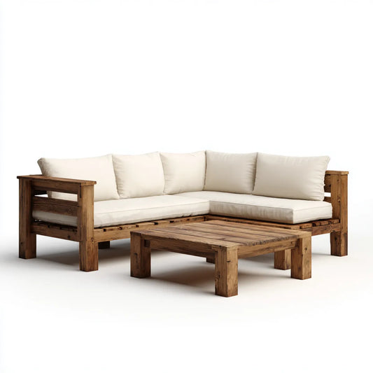 Sofa ogrodowa, Zestaw barwy brązowej sofy ogrodowej i 210 x 210 cm kremu w litym drewnie z akacji w kształcie L