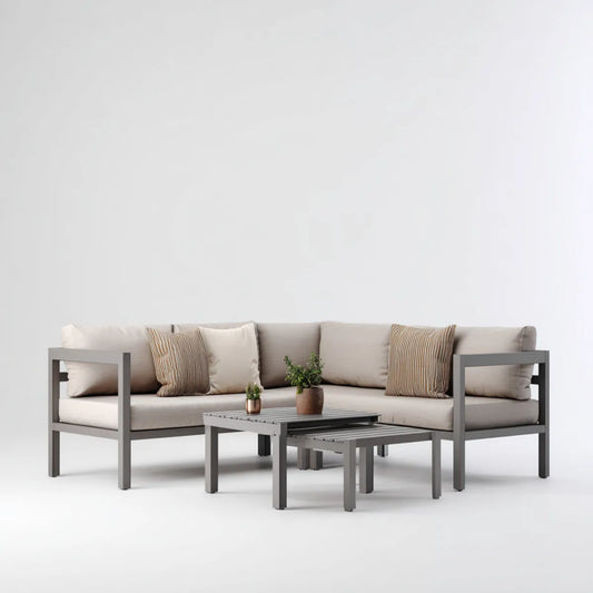 Sofa ogrodowa, Zestaw sofa ogrodowa 3 fotele z 2 stołami szary antracyt i beżowy aluminium 210 x 80 x 65 cm