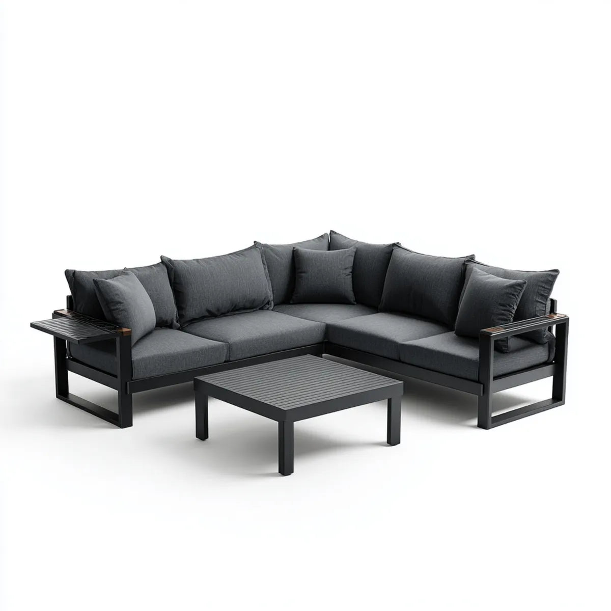 Sofa ogrodowa, Zestaw antracytu szary kątowy ogród sofa z tabeli 240 x 240 cm w stali i poliester
