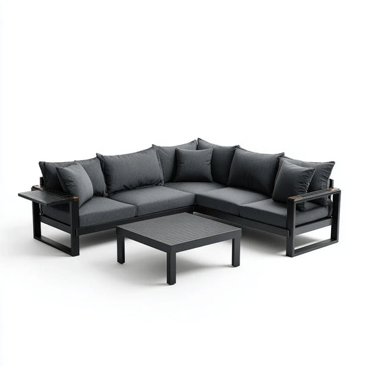 Sofa ogrodowa, Zestaw antracytu szary kątowy ogród sofa z tabeli 240 x 240 cm w stali i poliester