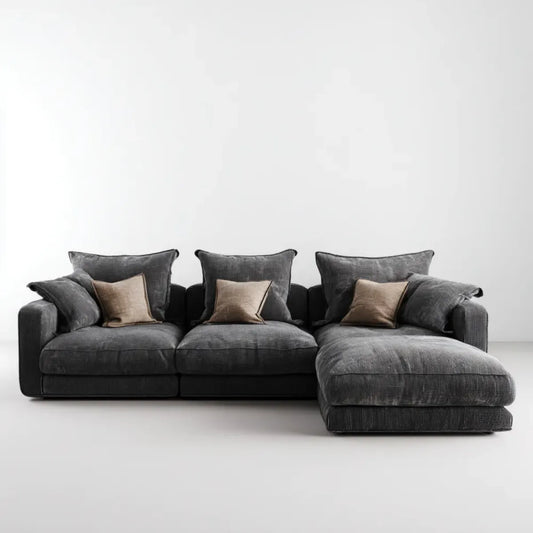 Sofa, 3 fotela narożna z szezlongiem szarym antracytem w żebrze aksamitnym 285 x 165 x 88 cm