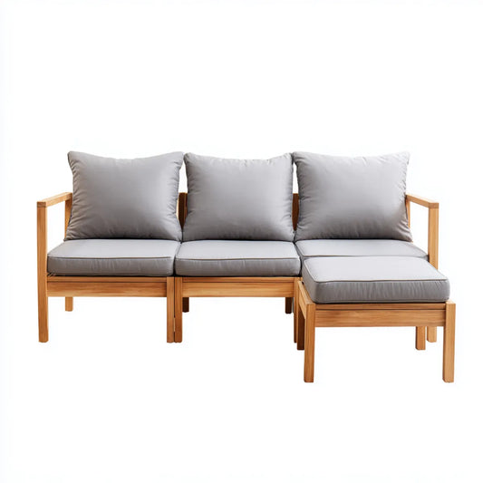 Sofa ogrodowa, Taras sofa 3-częściowa szara z elementem leżącym z litego drewna akacjowego 196 x 138 x 78 cm