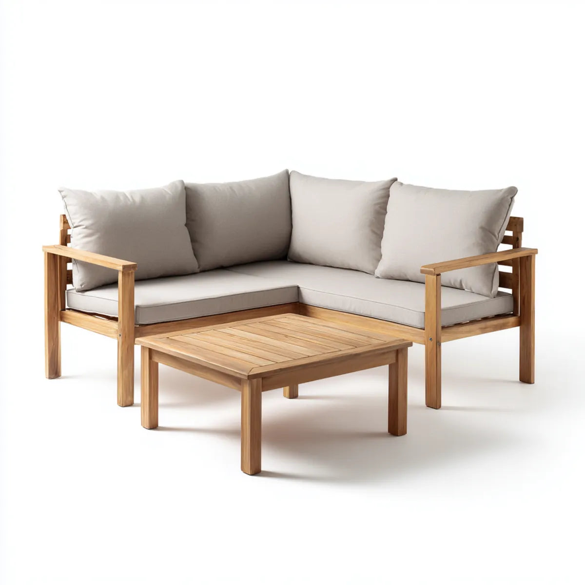 Sofa ogrodowa, Zestaw naturalnych kątowych siedzenia ogrodowe 190 x 190 cm w litym drewnie z akacją z kwadratowym stołem