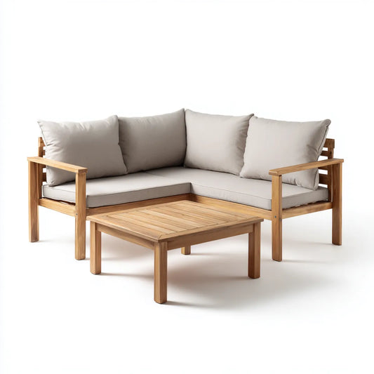 Sofa ogrodowa, Zestaw naturalnych kątowych siedzenia ogrodowe 190 x 190 cm w litym drewnie z akacją z kwadratowym stołem