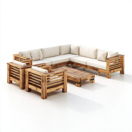 Sofa ogrodowa, Ustaw narożnik ogrodowy 7 miejsc w litym brązowym akacji drewna i beżowe poduszki 220 x 220 cm