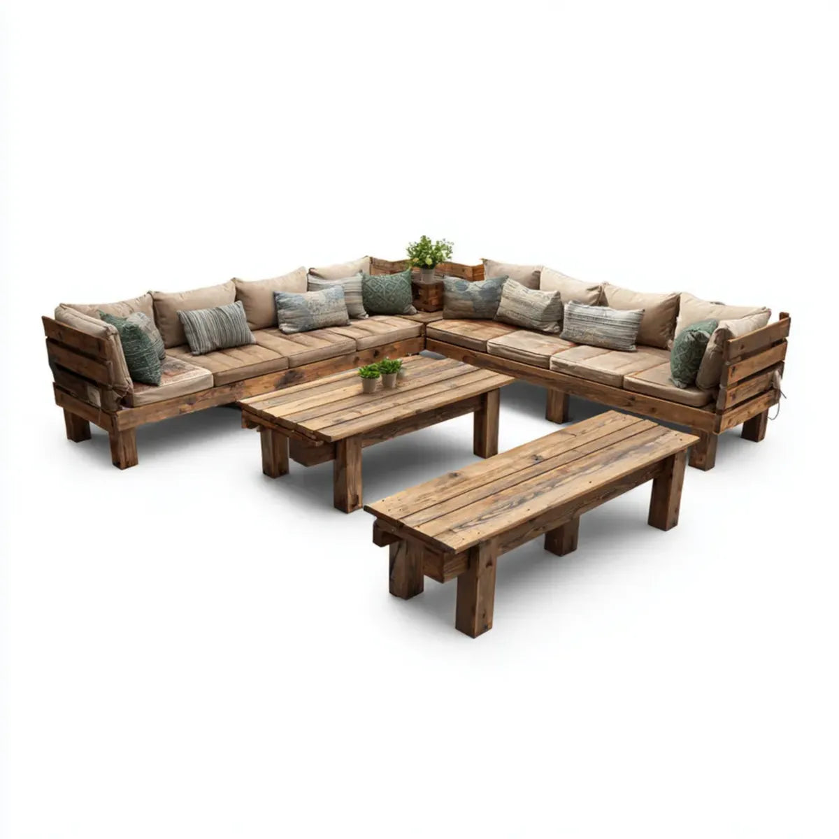 Sofa ogrodowa, Zestaw brązowy narożnik sofa ogrodowa w litym drewnie z poduszkami 300 x 220 cm