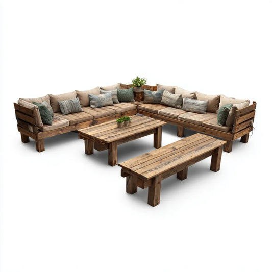 Sofa ogrodowa, Zestaw brązowy narożnik sofa ogrodowa w litym drewnie z poduszkami 300 x 220 cm