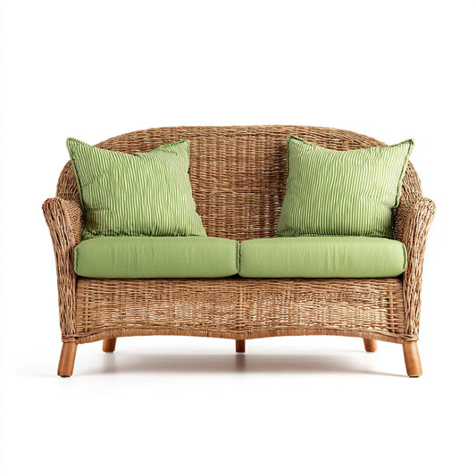Sofa ogrodowa, Tapczan ogrodowy 2 miejsca w naturalnej brązowej rattanie z zielonymi poduszkami 130 x 75 x 85 cm