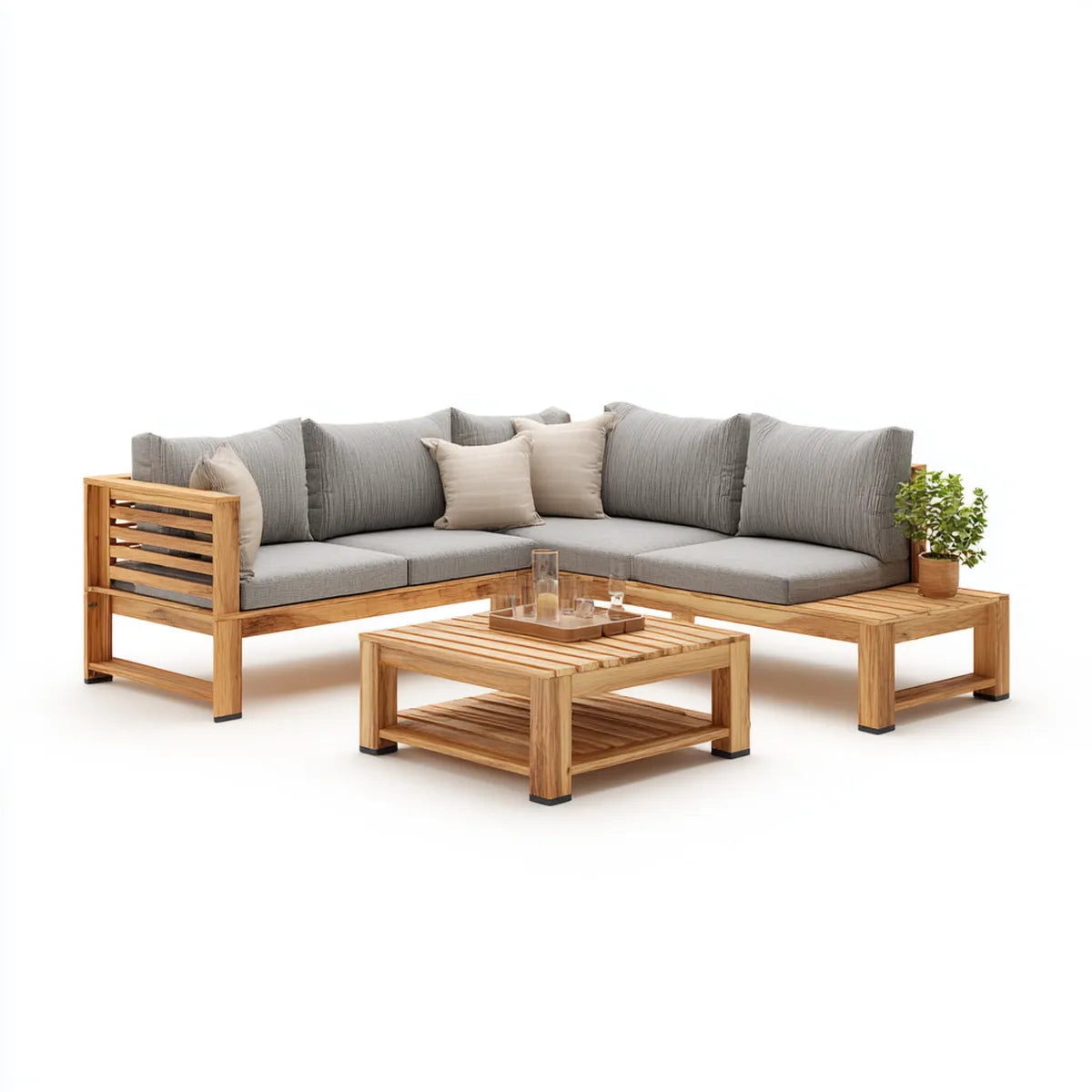 Sofa ogrodowa, Ustaw kanapę narożną z szarym i naturalnym stołem w litym drewnie akacyjnym 250 x 190 cm