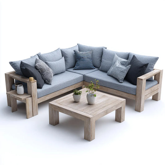 Sofa ogrodowa, Zestaw narożna sofa ogrodowa z szarym stołem i lekkim drewnem 240 x 240 cm w litym drewnie i poliestrze