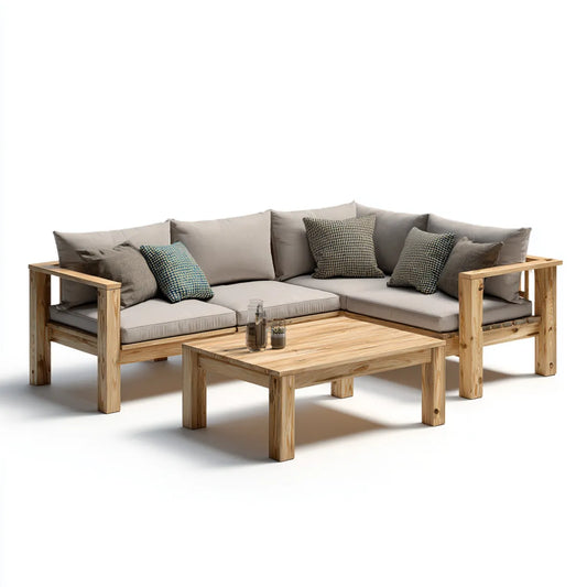Sofa ogrodowa, Zestaw narożnik ogrodowy 3 beżowe siedzenia w litym drewnie z prostokątnym stołem 220 x 220 x 70 cm