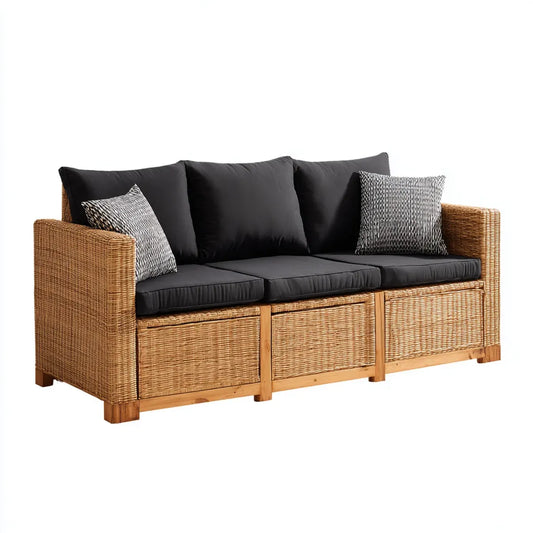Sofa ogrodowa, 3 czarne i naturalne kanapy siedzenia 210 x 85 x 85 cm w rattanie PE i litego drewna acacia