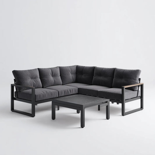 Sofa ogrodowa, Zestaw kanapa narożna ogrodowa 5 foteli z szarym stołem antracytu 250 x 250 cm w stali pokrytej proszkiem w kształcie litery L