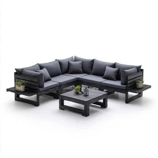 Sofa ogrodowa, Zestaw narożnik ogrodowy 5 foteli czarny i szary antracyt w litym drewnie z tabeli 240 x 240 cm