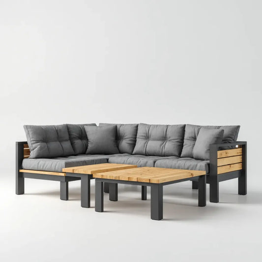Sofa ogrodowa, Zestaw antracytu szary kątowy ogród sofa 220 x 150 cm z 2 stalowe stoły i solidne sosny