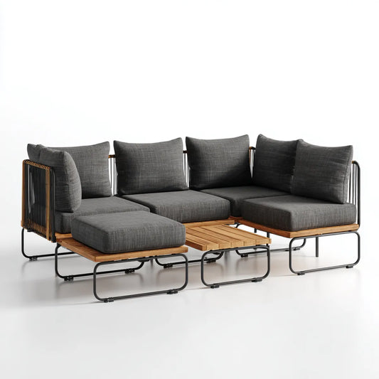 Sofa ogrodowa, Zestaw sof ogrodowych 4 miejsca szary antracyt 280 x 200 x 75 cm w stali powlekanej proszkowo i poliestrowego kształtu kątowego