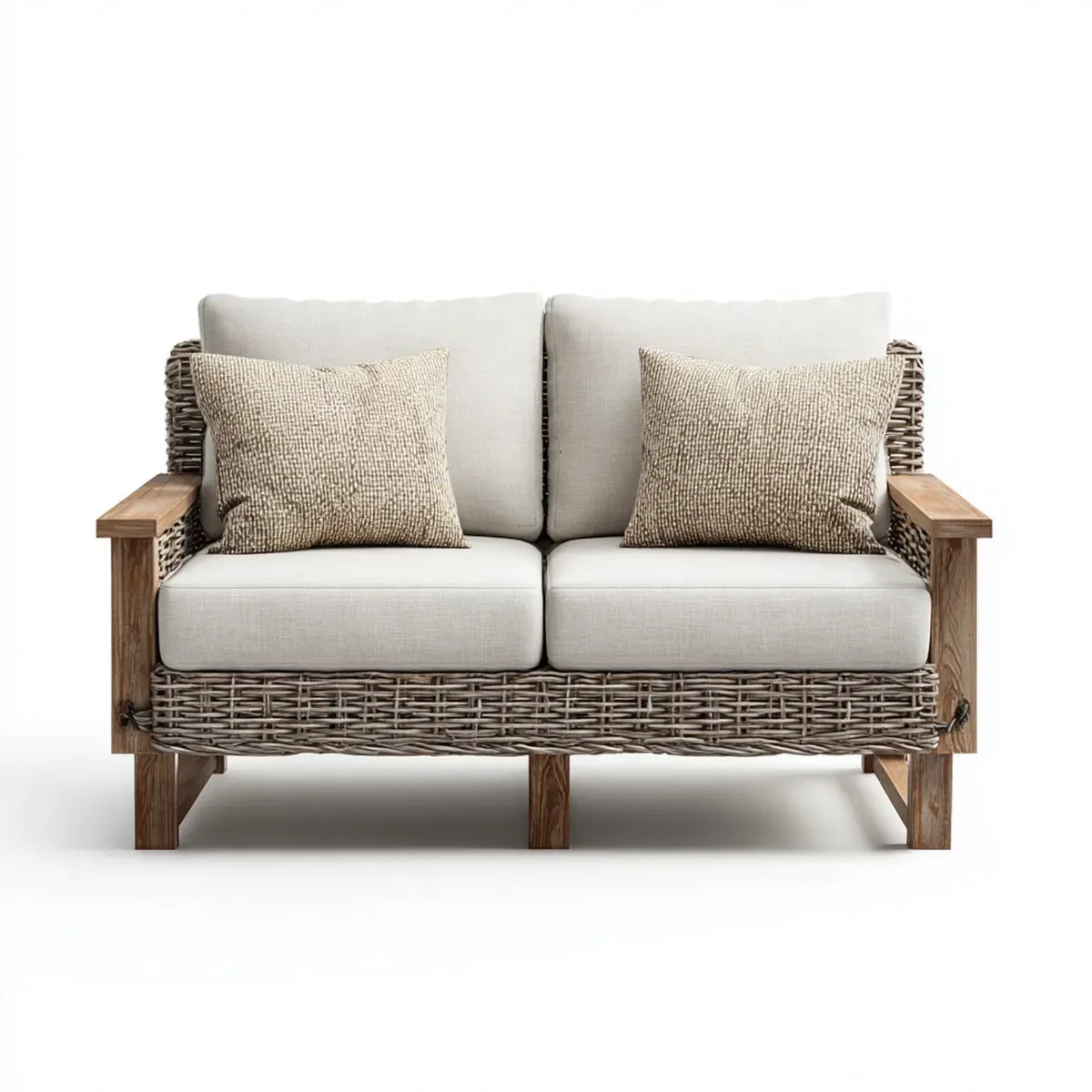 Sofa ogrodowa, Tapczan ogrodowy 2 beżowe i brązowe fotele w litej akacji i rattanie PE 140 x 75 x 78 cm