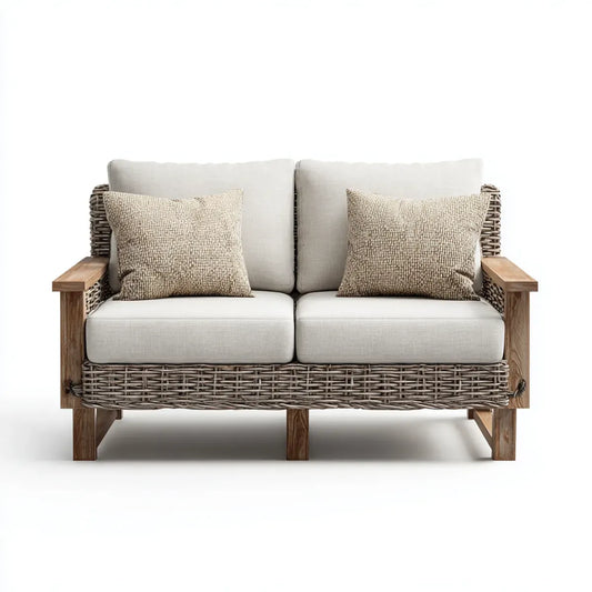 Sofa ogrodowa, Tapczan ogrodowy 2 beżowe i brązowe fotele w litej akacji i rattanie PE 140 x 75 x 78 cm
