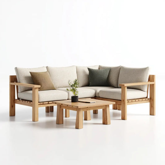 Sofa ogrodowa, Zestaw sofy ogrodowej 3 fotele ze stołem w beżowym drewnie akacyjnym 220 x 78 x 76 cm