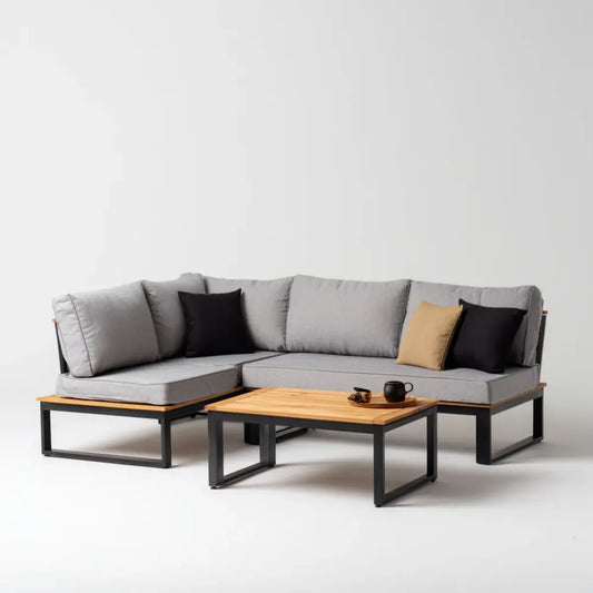 Sofa ogrodowa, Zestaw szarej narożnej sofy ogrodowej z tabelą 214 x 214 x 70 cm w stali powlekanej proszkowo i akacji stałej stolik do kawy 100 x 60 x 40 cm