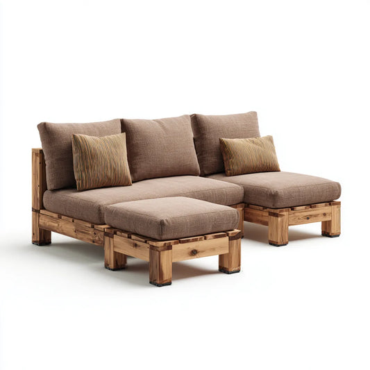 Sofa ogrodowa, Modułowa kanapa ogrodowa z narożnikiem 3 fotele brązowe, lite drewno z poduszkami 210 x 140 x 75 cm