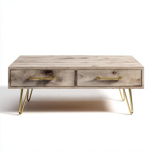Stolik kawowy, Stół kawowy z 2 szufladami dębowe złoto szare 100 x 50 x 40 cm prostokątne MDF