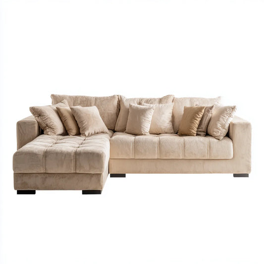 Sofa, 4 fotela poliestrowy beżowy aksamit efekt lewy narożnik sofa 280 x 170 x 90 cm