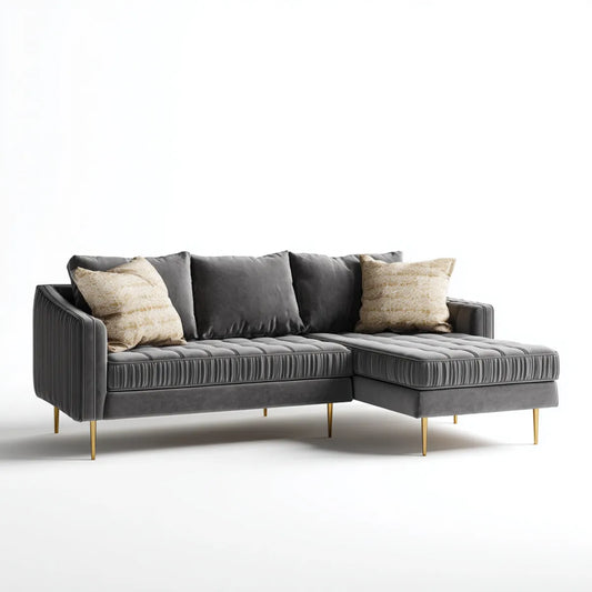 Sofa, Odwracalna narożna kanapa szara poliestrowa aksamit antracyt 230 x 150 x 85 cm z szezlongiem