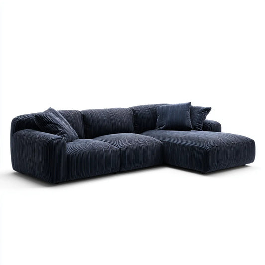 Sofa, 3 fotela narożna w poliestrowym aksamicie żebrowanym z prawej strony szezlong 290 × 170 × 75 cm